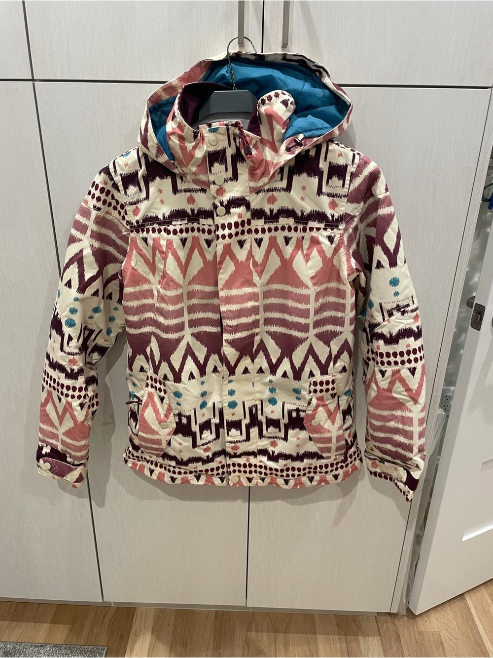 Burton Geometric Ski Jacket in Cream, Pink, Teal & Maroon